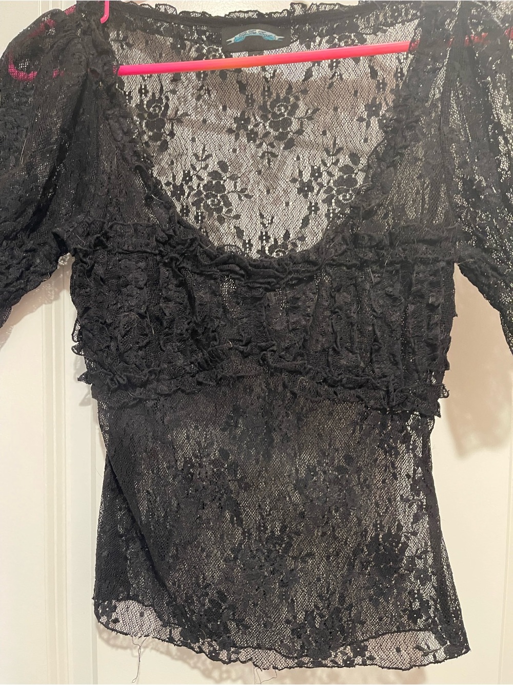 Black Lace Sheer Ruffle Trim Blouse